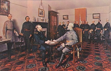 Featured is a postcard image of L M D Guillaume's painting "The Surrender of General Lee to General Grant, April 9, 1865."  The painting hangs at the Appomattox Court House Museum.  The original unused postcard is for sale in The unltd.com Store.